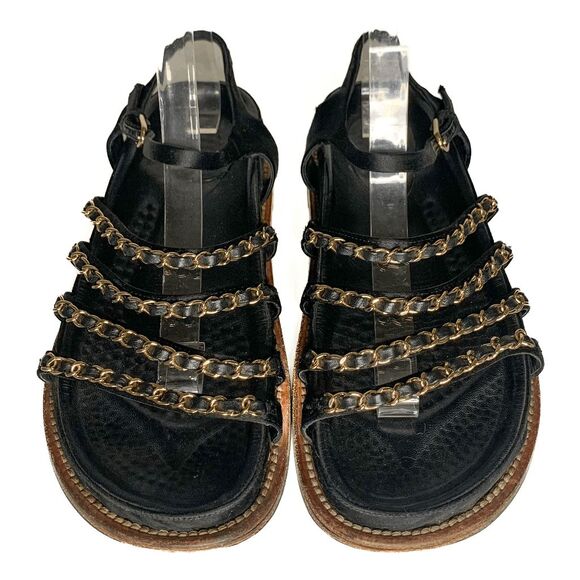 Chanel Interlocking CC Satin Chain Flat Dad Sandals EU 38.5 US 7.5-8 Black Gold - Picture 1 of 12